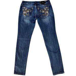 Miss Me Skinny Jeans Y2K Bling Pockets Fleur De Lis Embellished Stretch SZ 32x32